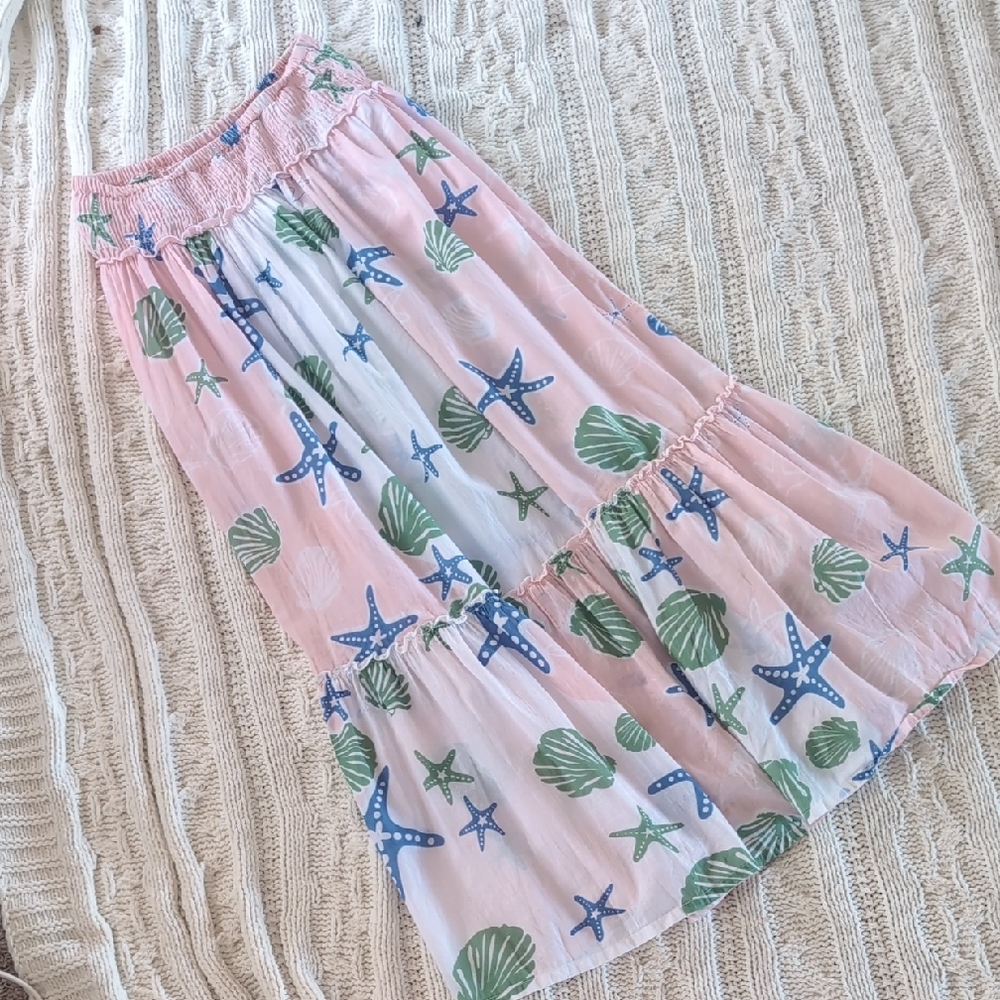 Marilu Sea Shore Nautical Shell Print Flowey Maxi Skirt Beach